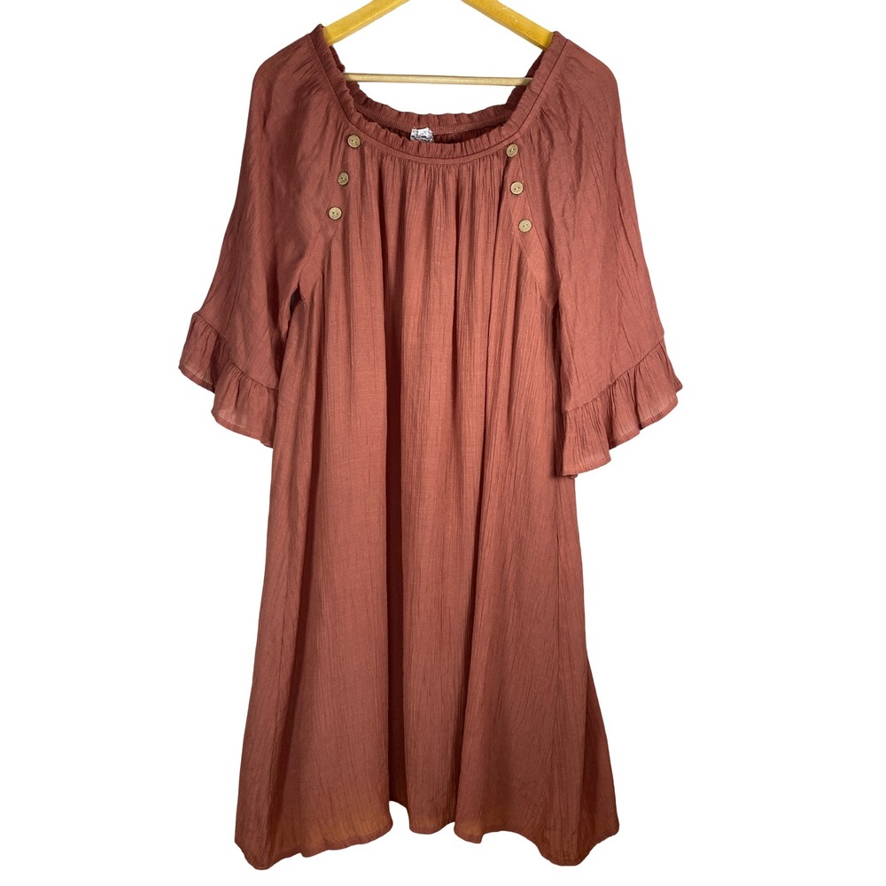 Naif Women XL Rust Terracotta Crinkle Ruffle Bell Sleeve Boho Mini Shift Dress